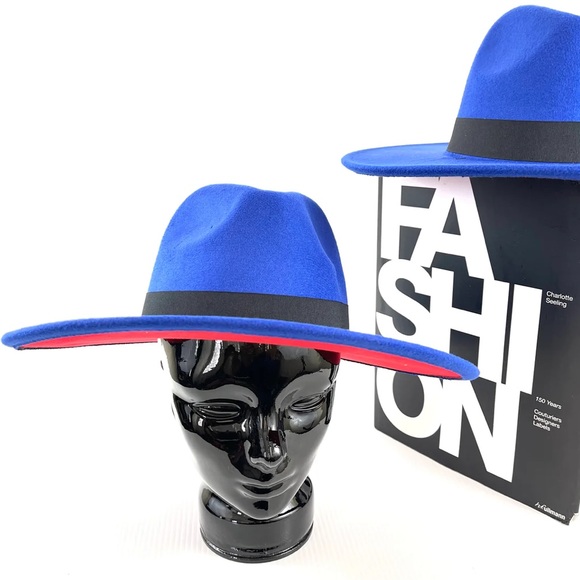 BLUE FEDORA HAT WITH RED INTERIOR